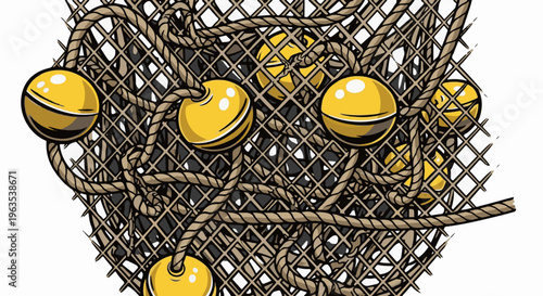 A close-up illustration of a fishing net with yellow buoys and rope