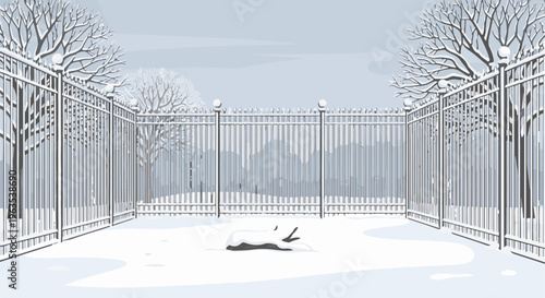 Snow-covered trees and ornate fence with bare branches over white landscape