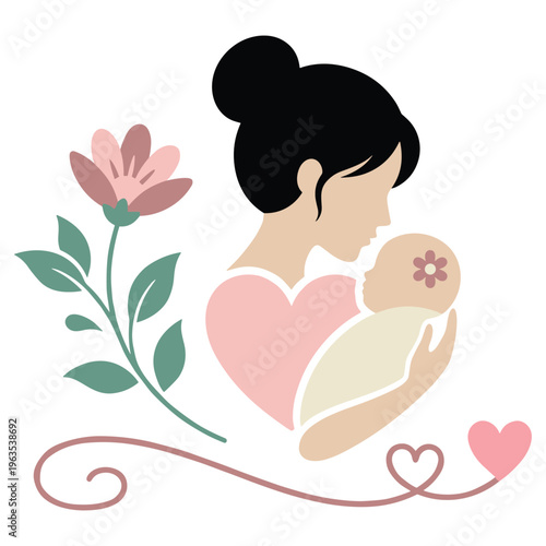 Happy mothers day with a mother holding her baby and a flower on the side.