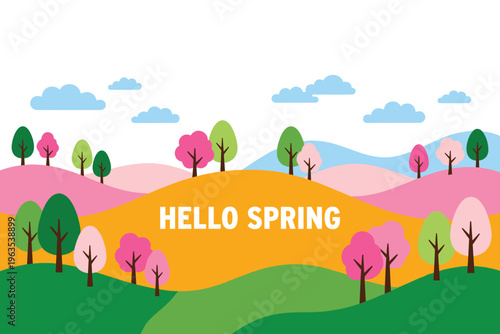Hello spring landscape with rolling hills and blooming cherry trees under blue cloudy sky.