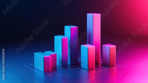 3D Business Growth Chart with Neon Gradients and Data Visualization on a Dark Grid Background