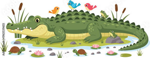 Cuddly Cartoon Alligator Lying in Pond with Colorful Birds, Turtles, Lily Pads, Reeds, and Frogs in Cute Wildlife Scene Vector Illustration