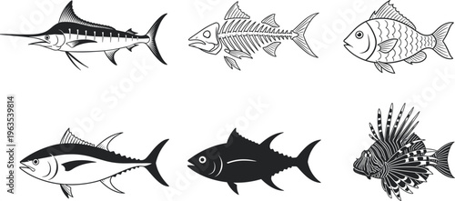 Diverse fish collection including marlin tuna lionfish and fish skeleton icons cad drawing flat vector illustration minimalist silhouette style for seafood menu design