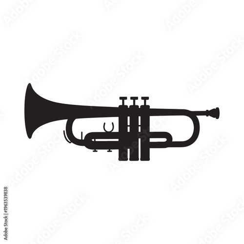 A black silhouette of a trumpet against a plain white background