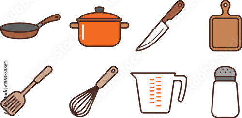 Kitchen tools and cooking equipment vector icons set featuring frying pan pot knife wooden board whisk and measuring cup