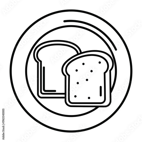 Minimalist bread toast icon on plate, black line art vector of sliced bread, simple breakfast food illustration for restaurant menus