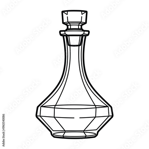 Minimalist glass decanter vector illustration, elegant crystal carafe with stopper, luxury barware line art icon for beverage branding