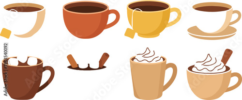 Collection of hot beverage icons including tea with bags coffee mugs cocoa with marshmallows and whipped cream topping