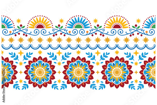 Mexican art background vector design with folk embroidery ornament and colorful flowers.