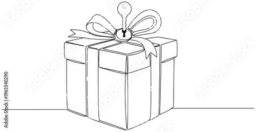 Continuous line drawing of gift box with key and lock showing minimal art style for security concepts and premium delivery service themes.
