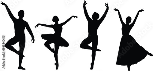Ballet dancer silhouette collection, graceful outline figure, dance motif illustration, performance icon art, elegance design graphic, movement posture symbol image