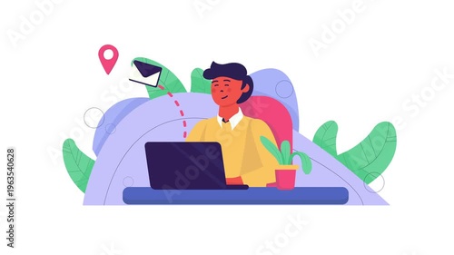Remote worker using laptop at desk with plants, flat animated illustration