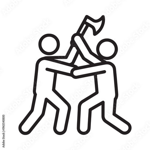 Two figures wrestling one holding a flag in a simple line art style