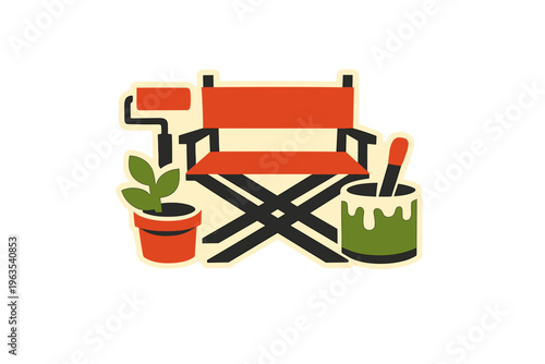 A flat vector illustration featuring a director's chair, a paint