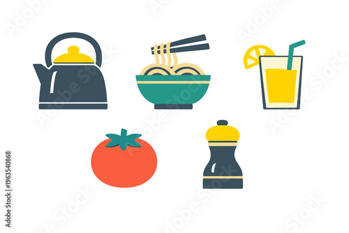 A collection of five flat design kitchen and food icons including a