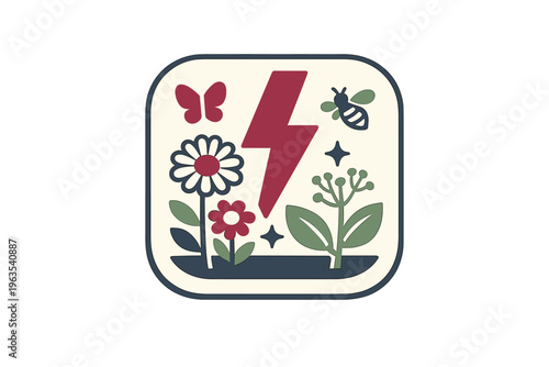 A flat vector illustration featuring a red lightning bolt surrounded