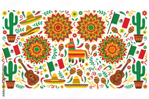 Mexican fiesta pattern with cactus, flags and music.