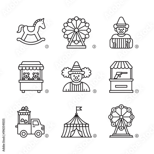 Black and white line art depicting various carnival and fairground attractions