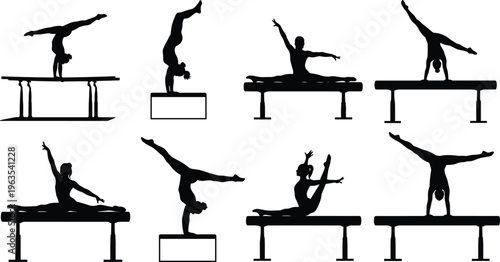Gymnast silhouette collection, balance beam outline figure, athletic motif illustration, flexibility icon art, strength design graphic, performance posture symbol image