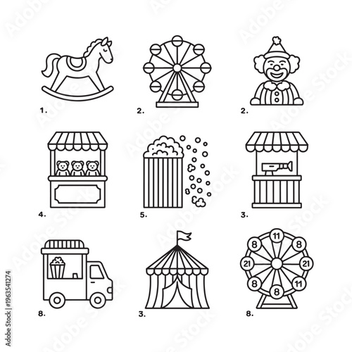 Carnival attractions and fairground elements in simple line art style