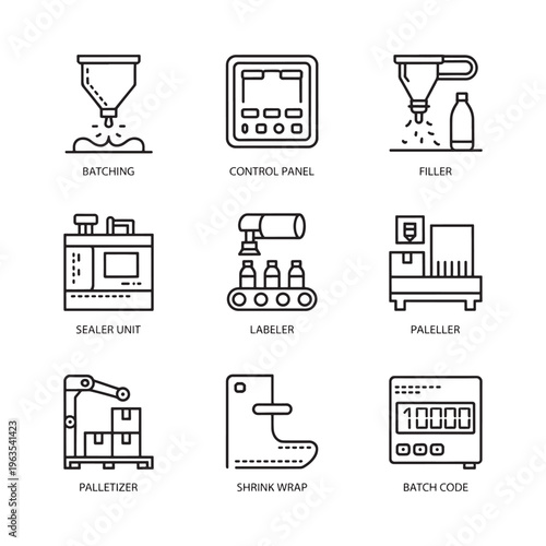 Industrial automation icons depicting manufacturing processes and quality control