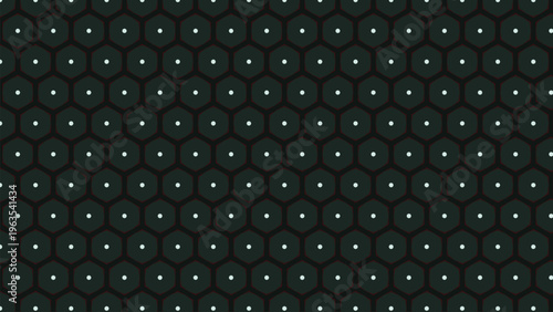 Seamless geometric pattern of dark green hexagons with white dots and subtle red outlines on a black background. This modern abstract design is ideal for digital wallpaper, tech