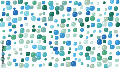 Seamless pattern of scattered abstract geometric octagons in varying sizes, featuring refreshing blue and green hues, creating a modern, clean, and vibrant digital background for web,