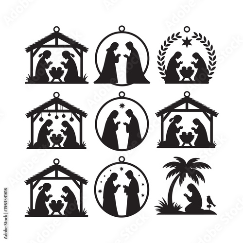 Nine black silhouette nativity scenes depict the holy family and wise men