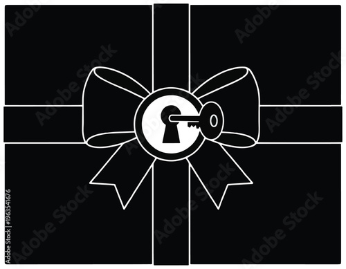 Top view of gift box with key inserted into lock symbol on ribbon representing security solutions for deliveries and personal property.