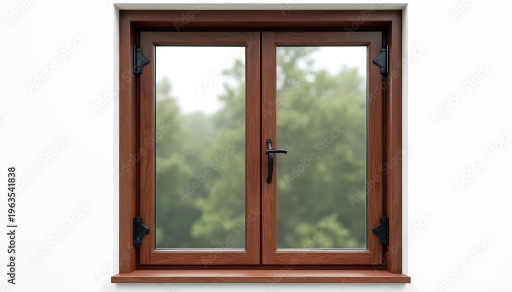 Fototapeta premium Brown wooden window with black handle and hinges. View of green trees and white wall. Modern house window frame with glass panes. Natural outdoor scene visible through closed window.