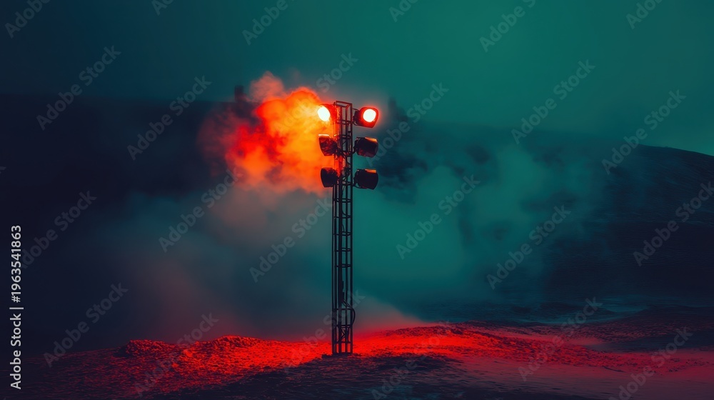 Fototapeta premium Dramatic Red Traffic Signal Amidst Fiery Smoke and Moody Atmosphere, Representing Air Quality Concerns