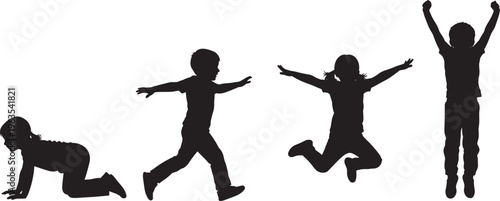 Black silhouette of a child in various active poses including crawling running jumping and celebrating, childhood development icons, cad drawing flat vector illustration.