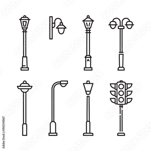 Collection of various street lights and traffic signals in line art