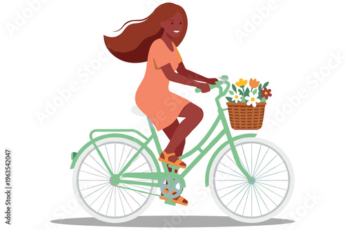 Woman riding bicycle with basket of flowers.