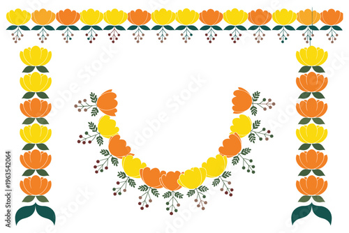Yellow and orange flower garland borders with floral marigold patterns for festive events.