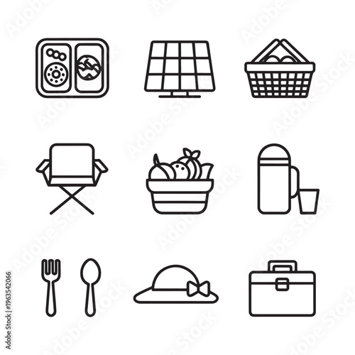 Collection of picnic related line icons basket blanket and food items