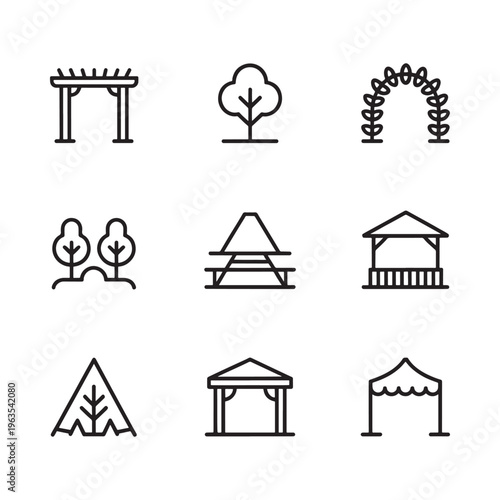 Φωτογραφία Minimalist line art icons depicting various architectural structures and trees