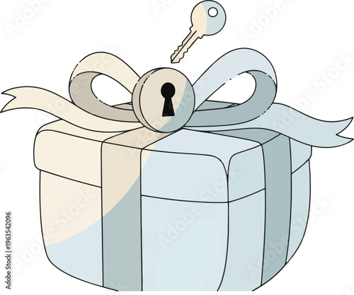 A light blue gift box with a white ribbon, a keyhole, and a small key hovering above the keyhole on a transparent background.