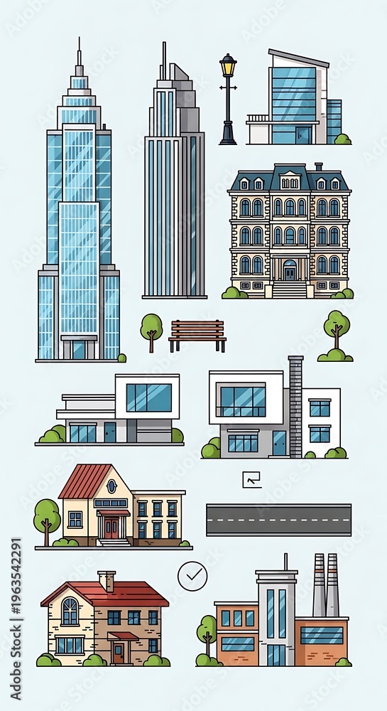 Obraz premium Diverse architectural structures and buildings in an urban setting.