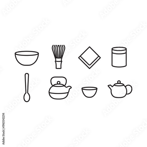 Minimalist line art illustration of tea ceremony tools and accessories