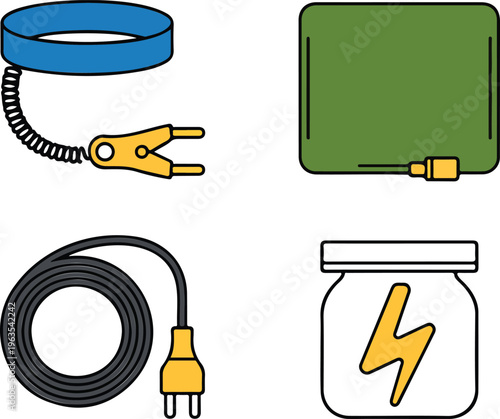 Antistatic wrist strap grounding cable power plug and ESD safe bag vector icons for electronics repair service