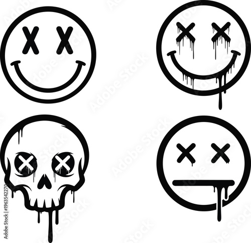 Grunge smiley and skull icons set, edgy streetwear emoji with melting drip effect, black ink graffiti style character vector illustration isolated on white background.