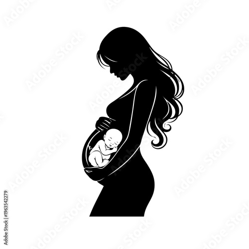 Pregnant woman holding baby silhouette, maternity illustration