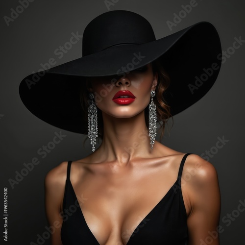 Elegant woman wears wide black hat, long earrings. She has red lipstick, low-cut black dress, exuding confidence, mystery. Her face is partly hidden. Mature female wears beautiful make-up for party.
