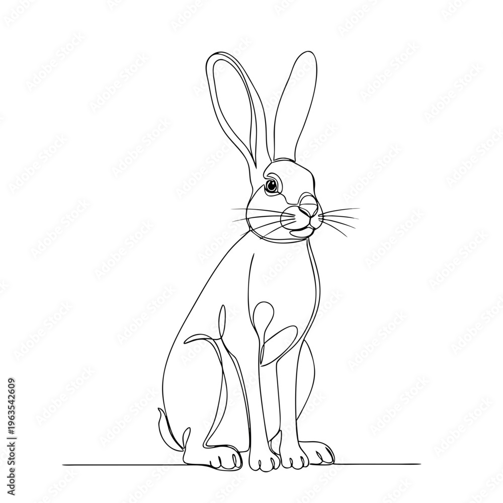 Fototapeta premium Continuous Line Drawing of a Hare in a Calm Pose for Illustrations, Art Projects, Animal Lovers, Educational Materials, and Minimalist Designs