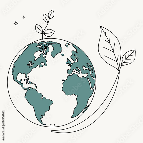 Eco friendly planet earth illustration with green leaf sprout and hand drawn line art representing sustainability environmental conservation and global ecology protection concept for design project