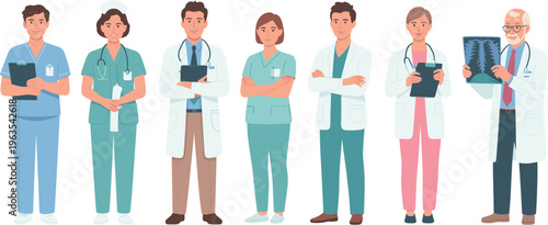 Diverse healthcare professionals team with doctors and nurses holding medical records, stethoscope, X-ray, showcasing modern hospital staff illustration