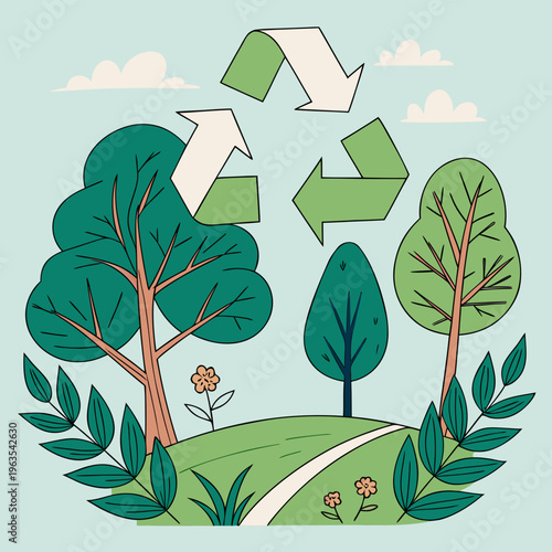 Sustainability and recycling concept illustration featuring green forest landscape with recycle symbol in the sky for environmental conservation and eco friendly campaign graphic design artwork