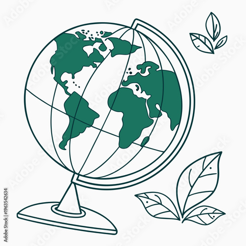 Green globe illustration with decorative leaves and minimalist line art representing environmental education global sustainability and eco friendly world geography concept for earth protection