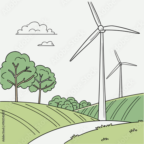 Wind turbine energy production on green landscape, sustainable power generation vector art